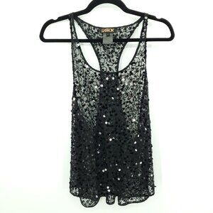 LaRok Sequined Racer Back Relaxed Fit Long-Line Tank Top L Black